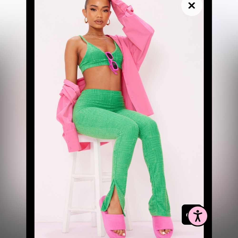 Petite green toweling high waisted split hem flared pants and bralet set